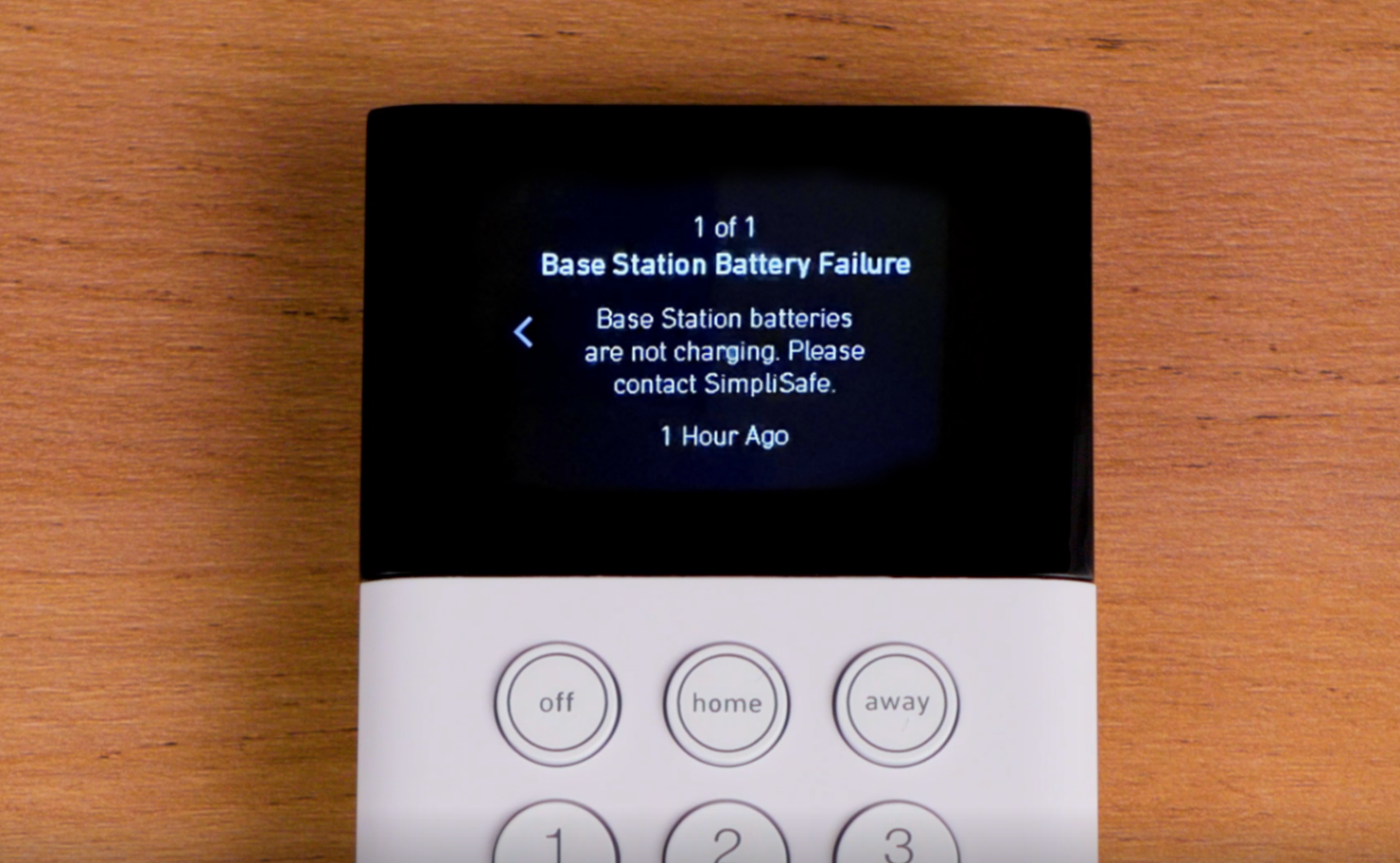 SimpliSafe Keypad displays the error "Base Station Battery Failure. Base Station batteries are not charging. Please contact SimpliSafe."