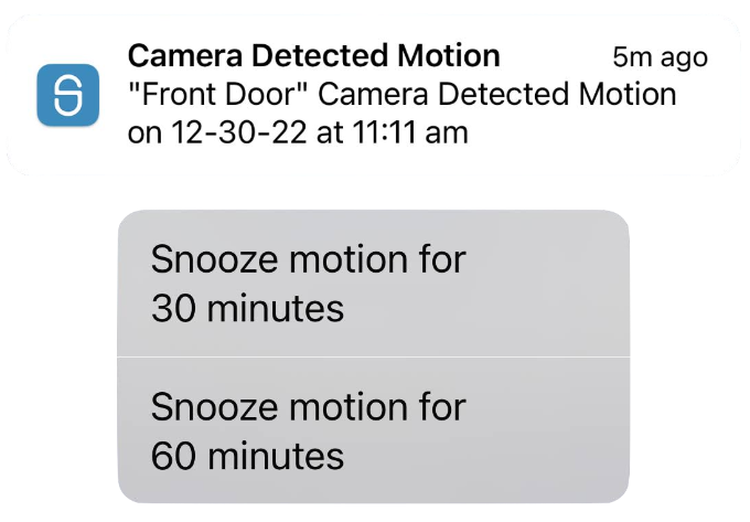 iOS snooze motion notification with snooze for 30 minutes and snooze for 60 minute options