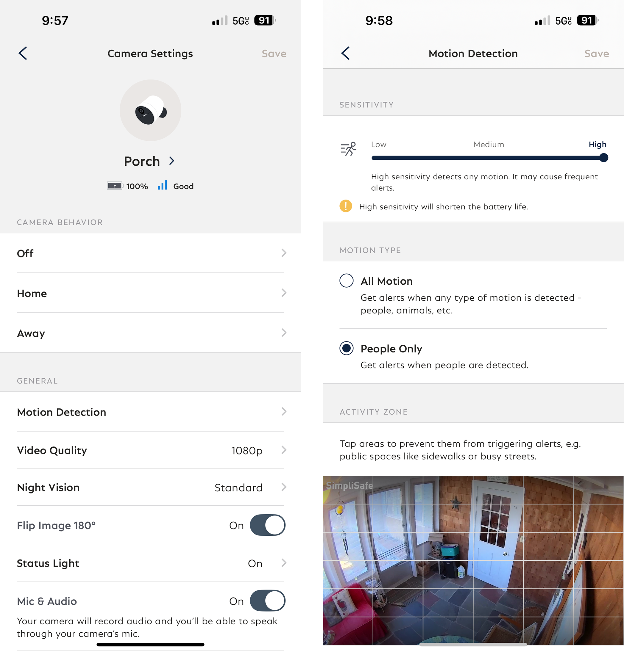 A screenshot from within the SimpliSafe® Mobile App showing Motion Detection selected and what settings are visible once clicking through it
