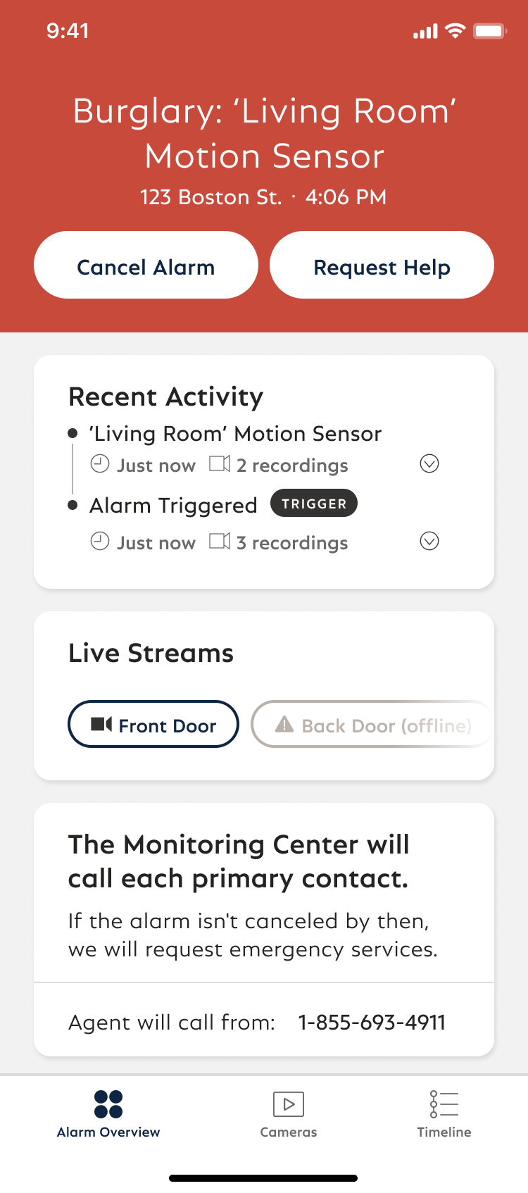 Alarm Screen within the SimpliSafe® Mobile App