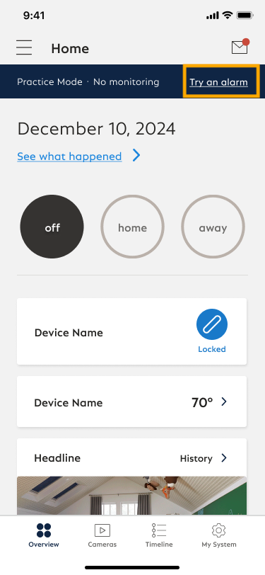 The Overview page in the SimpliSafe® Mobile App, with a banner at the top of the screen saying that the system is in Practice Mode and a box highlighting the "Try an alarm" module.