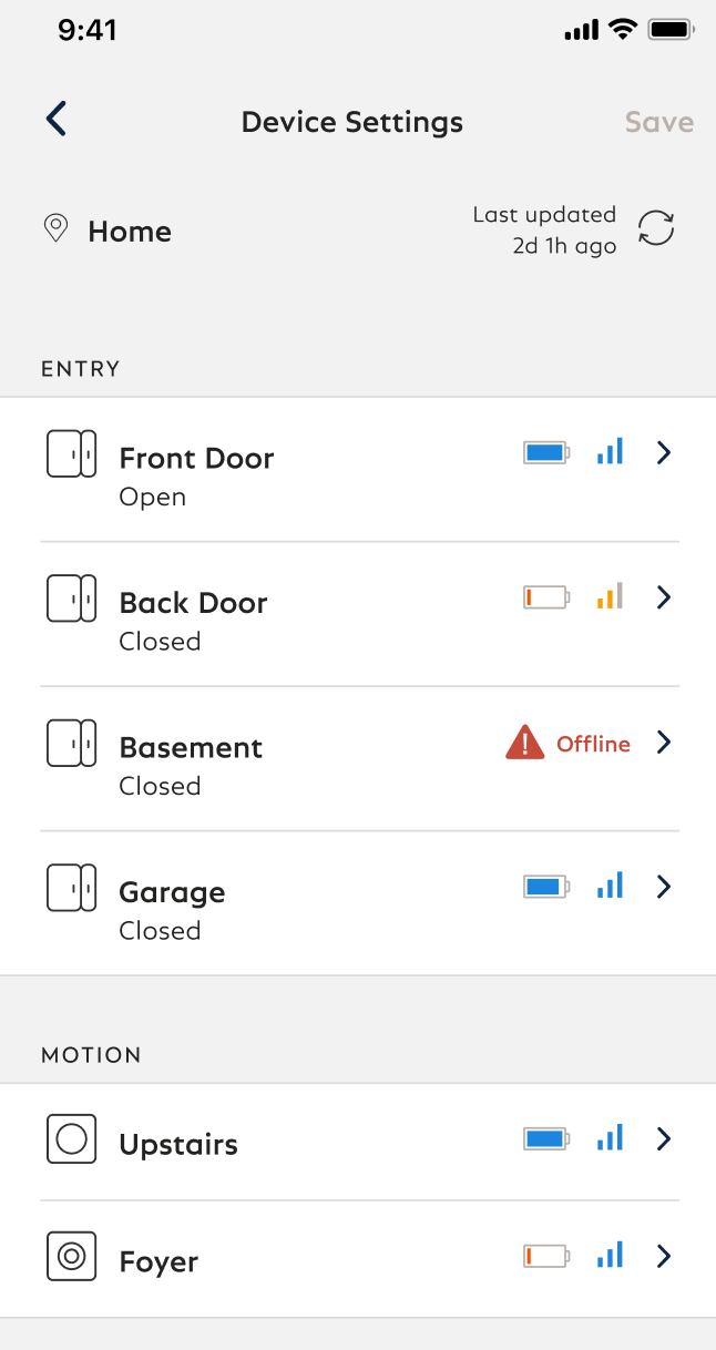 The Device Settings page in the SimpliSafe® App showing a variety of status indicators, such as good battery, low battery, and varying signal strengths.