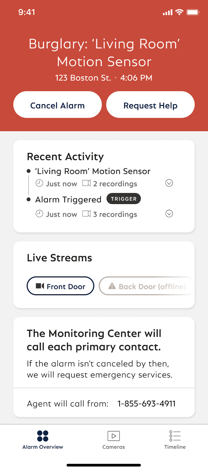Alarm Screen overlay in the SimpliSafe® Mobile App depicting a burglary alarm in progress with the option to cancel alarm or request help.