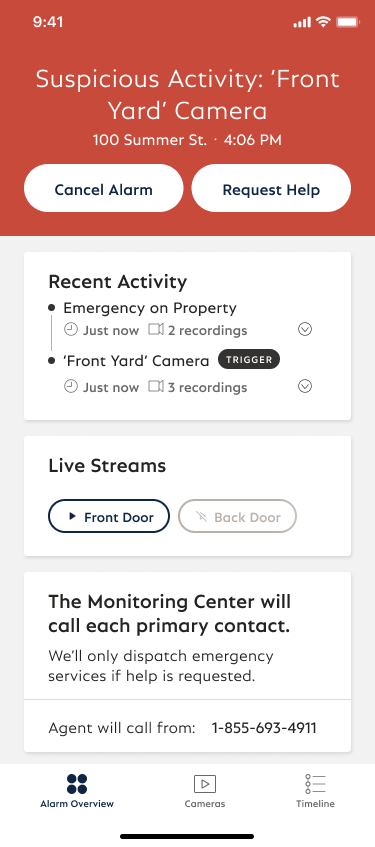 Alarm Screen within the SimpliSafe® Mobile App displaying a suspicious activity alert for an Outdoor Monitoring alarm event.