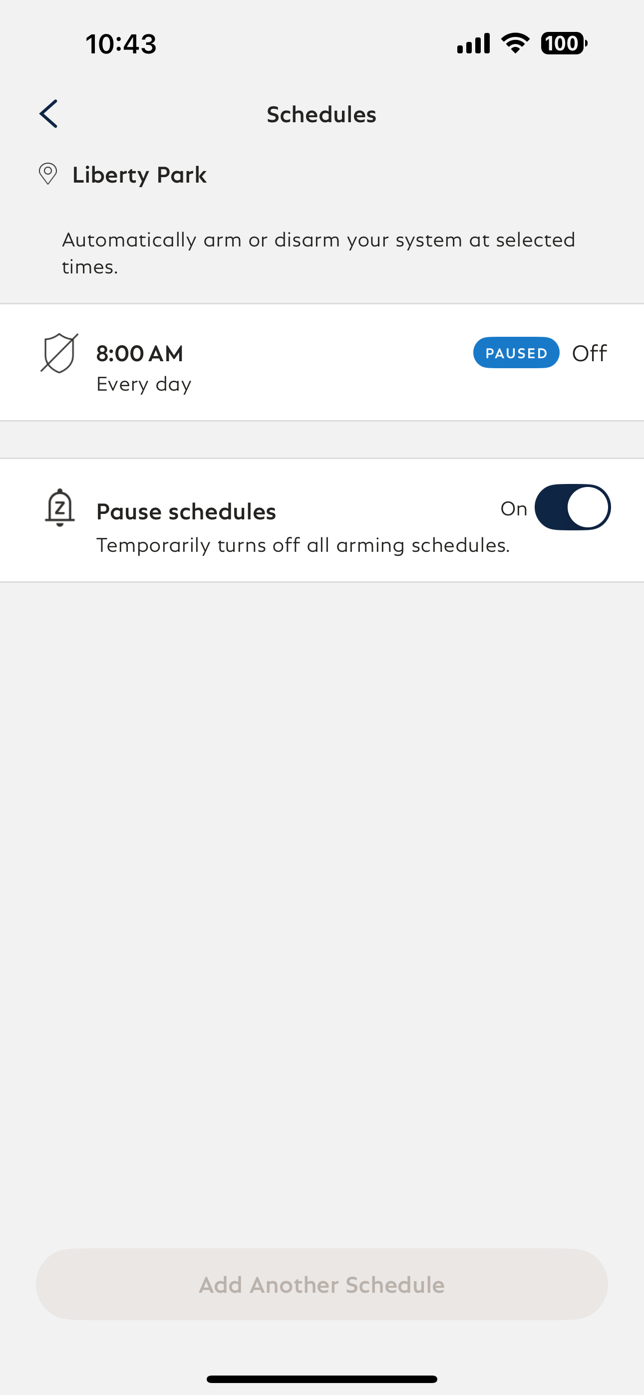 Pause_Schedules.png Paused Schedules toggled ON in the SimpliSafe® App. A blue banner appears next to an existing schedule that reads PAUSED.