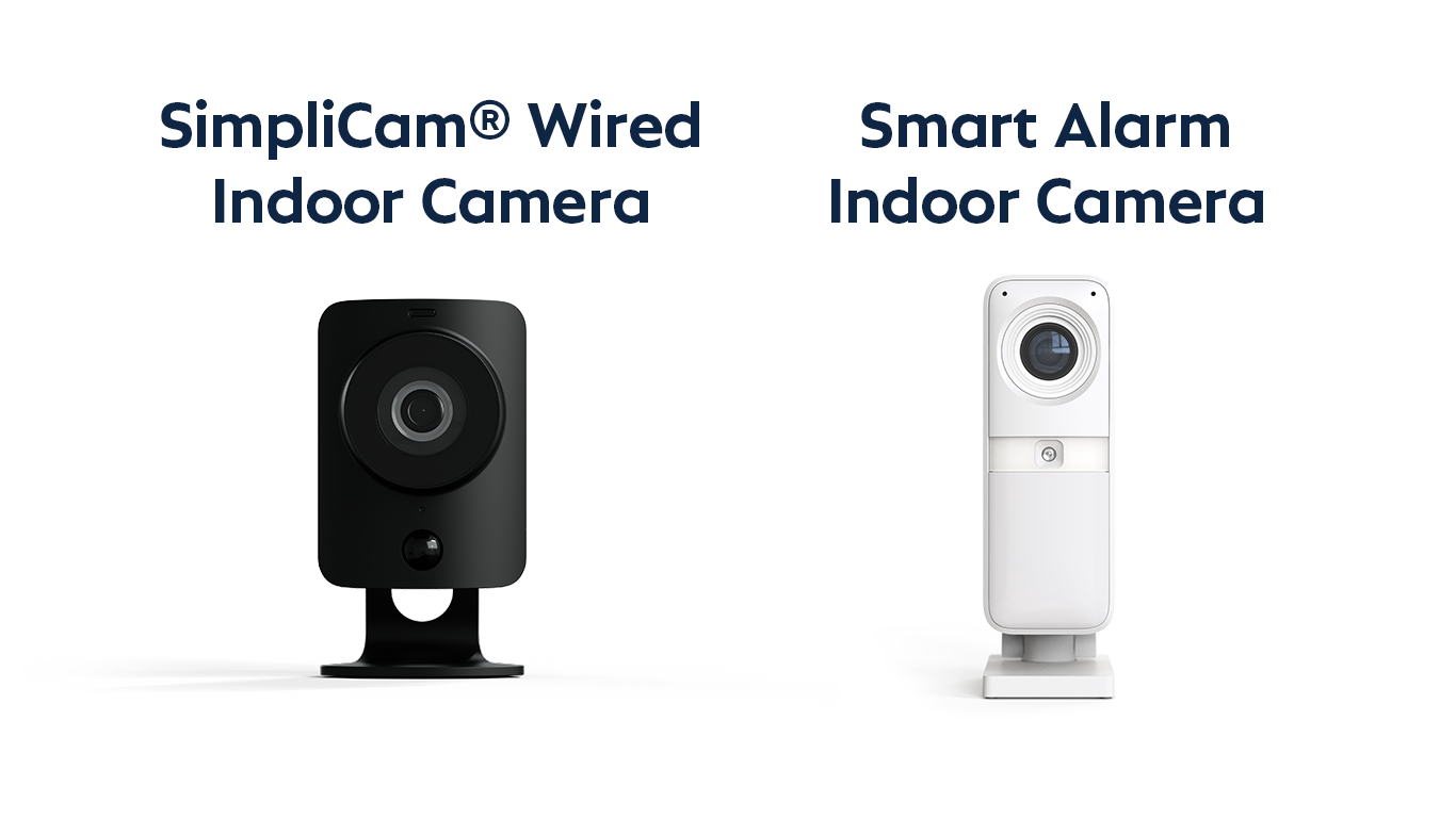 On the left is a black SimpliCam® camera that's short and rectangular. On the right is a white Smart Alarm Indoor Camera that's taller and slimmer in its rectangular profile.